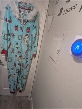 FRIENDS Light Blue Santa Print Fleece Onesie with Faux Fur Hood